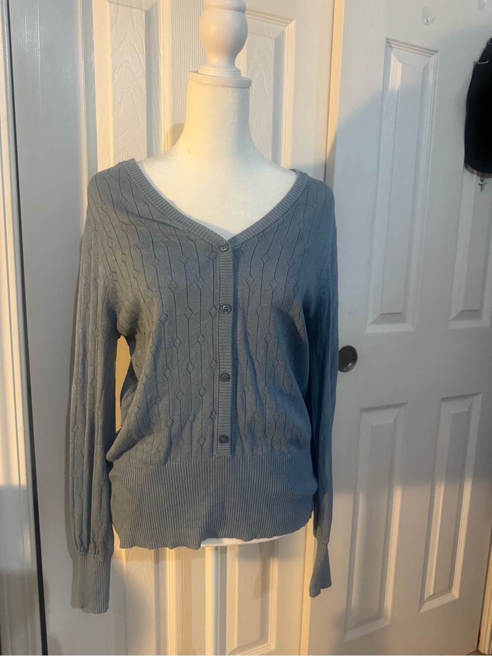 V-Neck Cable Knit Button-Front Cardigan — Gray